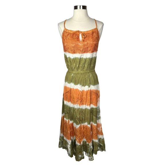 RAGA x Anthropologie Orange & Green Embroidered Tie Dye Maxi Dress - Size Medium - Picture 1 of 8